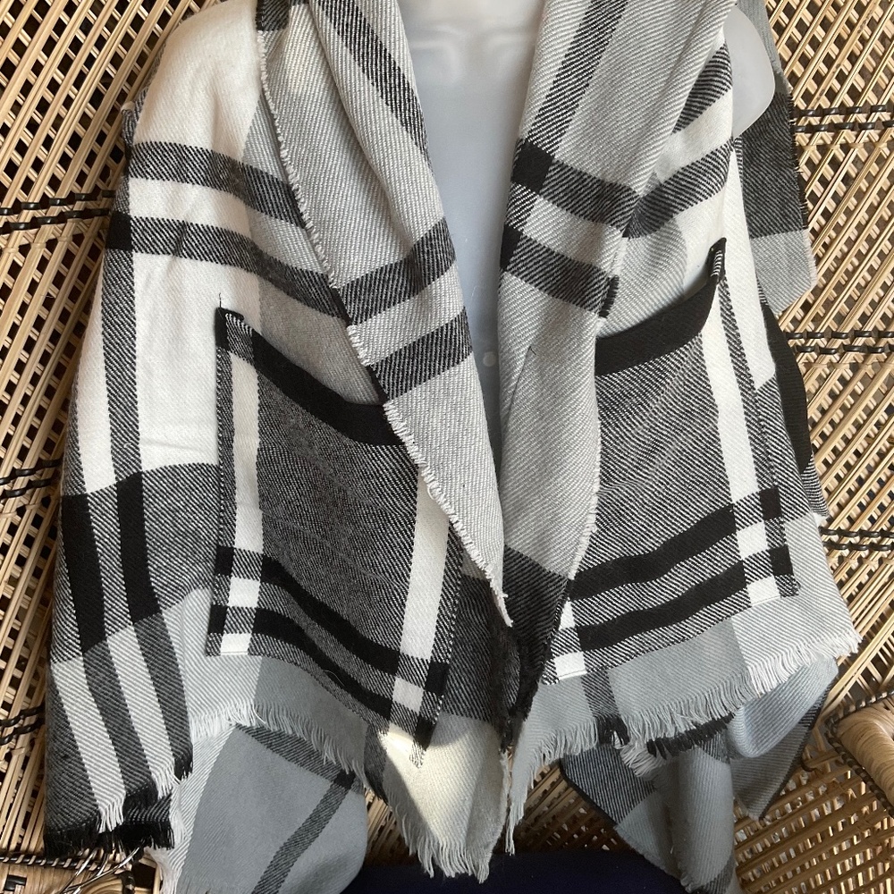 Unbranded black white and grey tartan winter wrap shrug